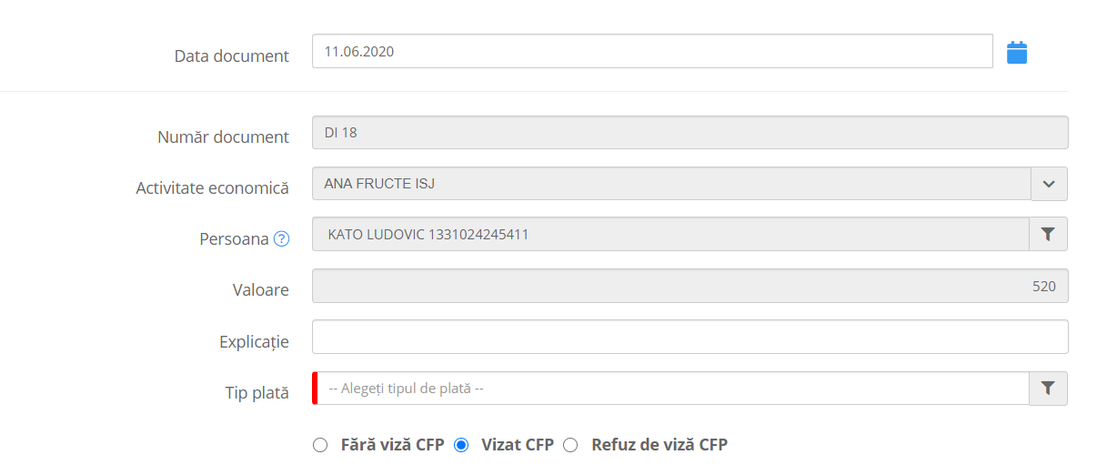Formularul de dispoziție de încasare, viza CFP
